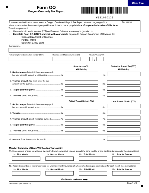 Form OQ (150-206-521)  Printable Pdf