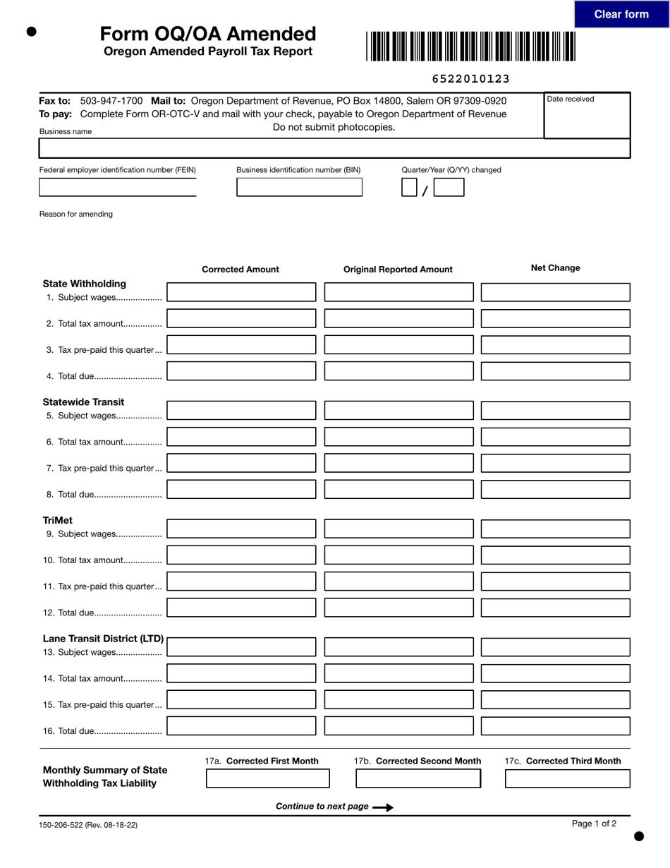 Form OQ / OA AMENDED (150-206-522) Oregon Amended Payroll Tax Report - Oregon, Page 1