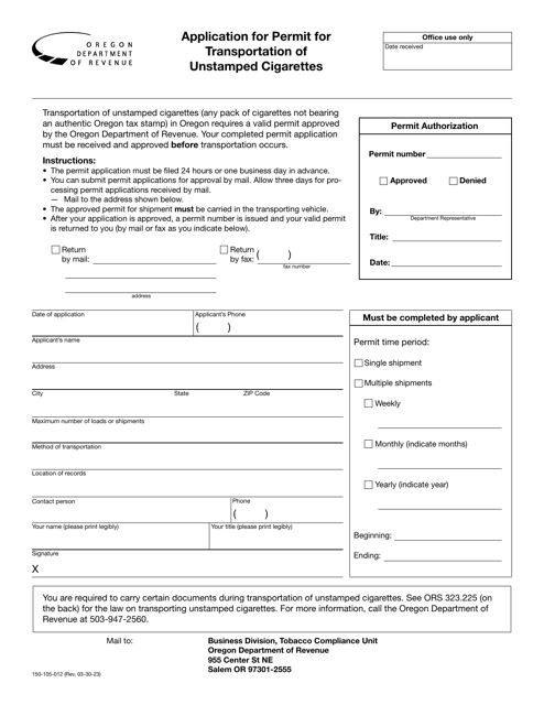 Form 150-105-012 Application for Permit for Transportation of Unstamped Cigarettes - Oregon