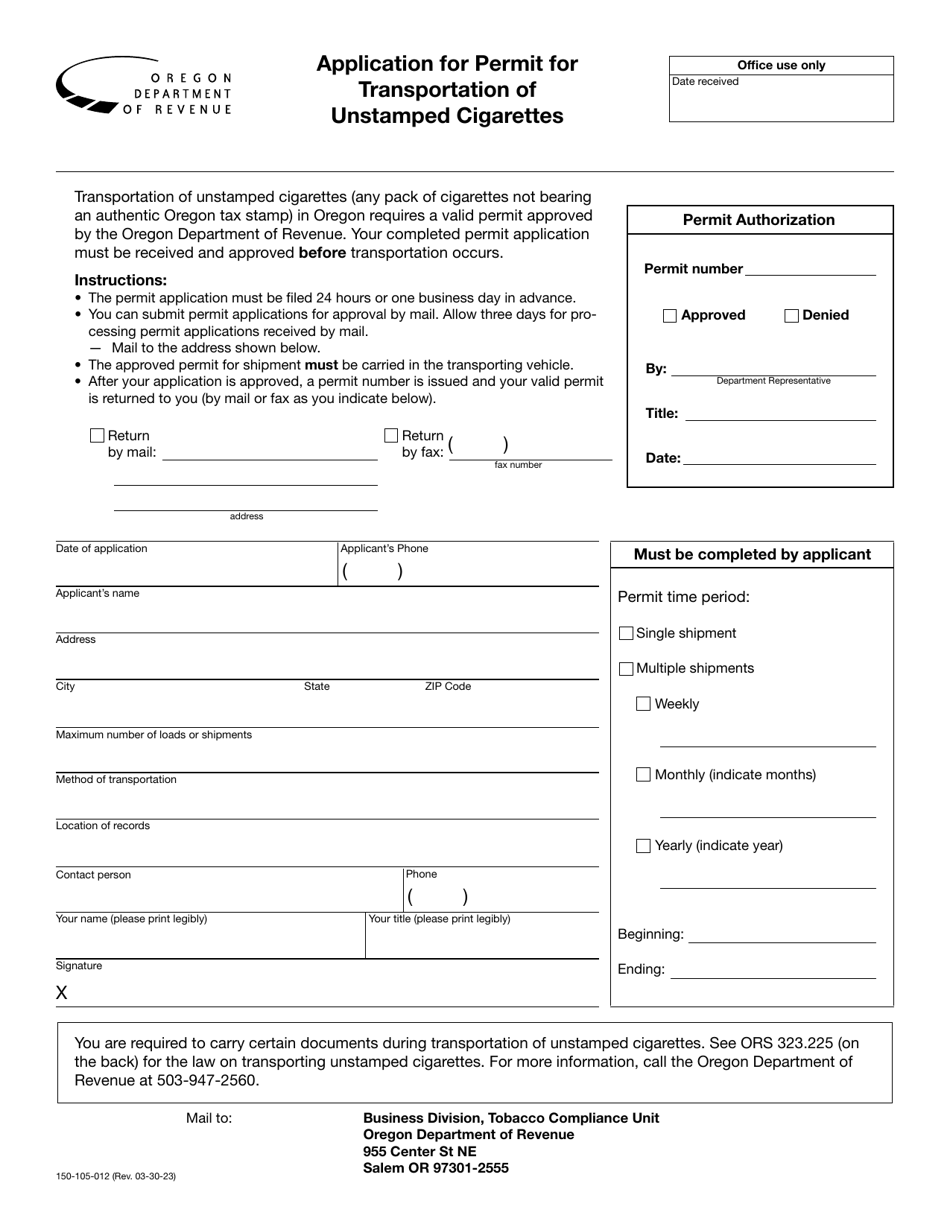 Form 150-105-012 Application for Permit for Transportation of Unstamped Cigarettes - Oregon, Page 1