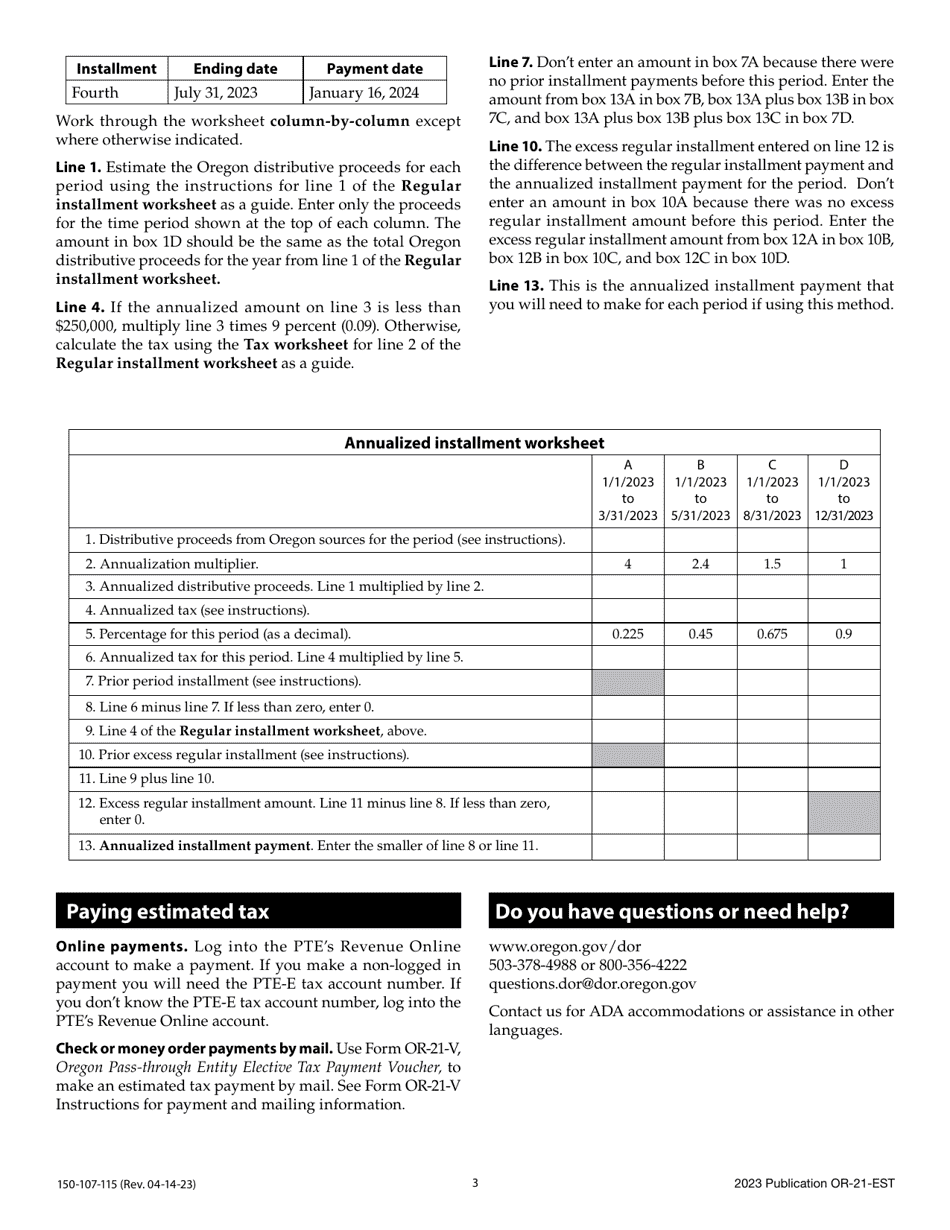 Download Instructions for Form OR21EST, 150107115 Oregon Pass