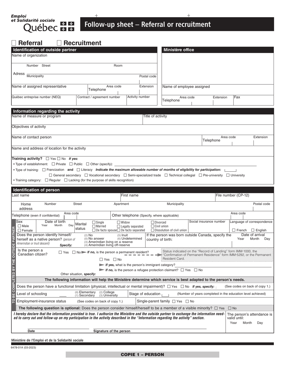 Form 6478-01A Follow-Up Sheet - Referral or Recruitment - Quebec, Canada, Page 1