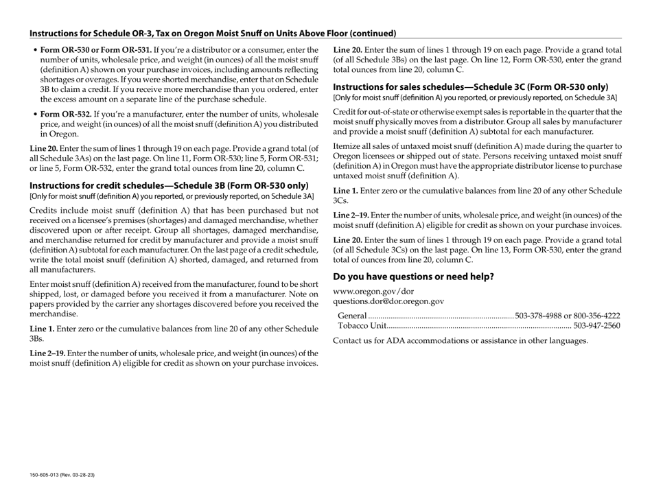 Form 150-605-013 Schedule OR-3 Tax on Moist Snuff (Definition a) on Units Above Floor - Oregon, Page 3