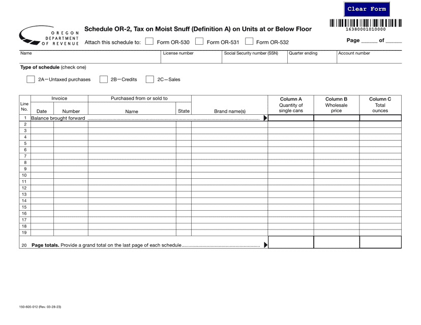 Form 150-605-012 Schedule OR-2 Tax on Moist Snuff (Definition a) on Units at or Below Floor - Oregon