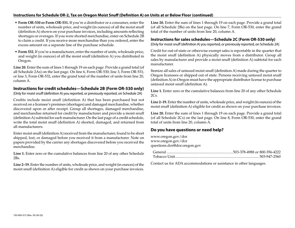 Form 150-605-012 Schedule OR-2 Tax on Moist Snuff (Definition a) on Units at or Below Floor - Oregon, Page 3