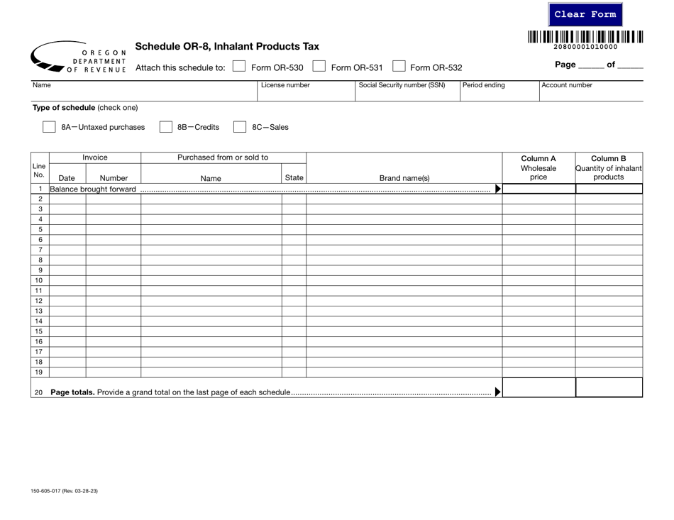Form 150-605-017 Schedule OR-8 Inhalant Products Tax - Oregon, Page 1