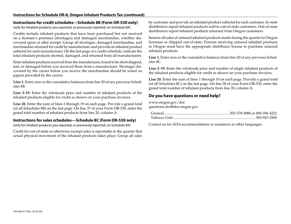 Form 150-605-017 Schedule OR-8 Inhalant Products Tax - Oregon, Page 3