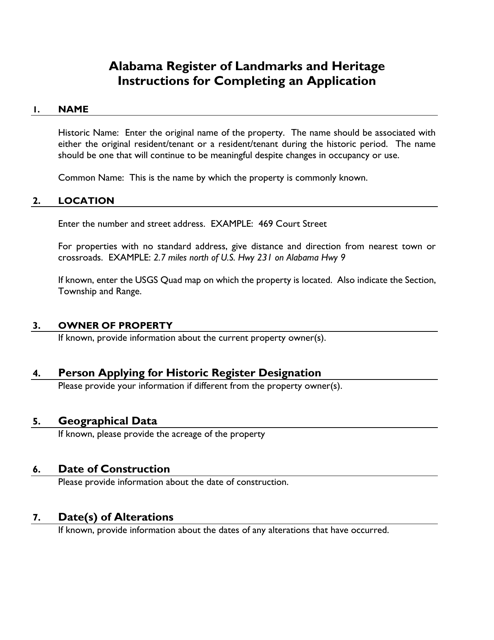 Instructions for Alabama Register of Landmarks and Heritage Application - Alabama Download Pdf