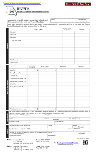 Form 1309 Land and Personal Tax Aggregate Abstract - Missouri