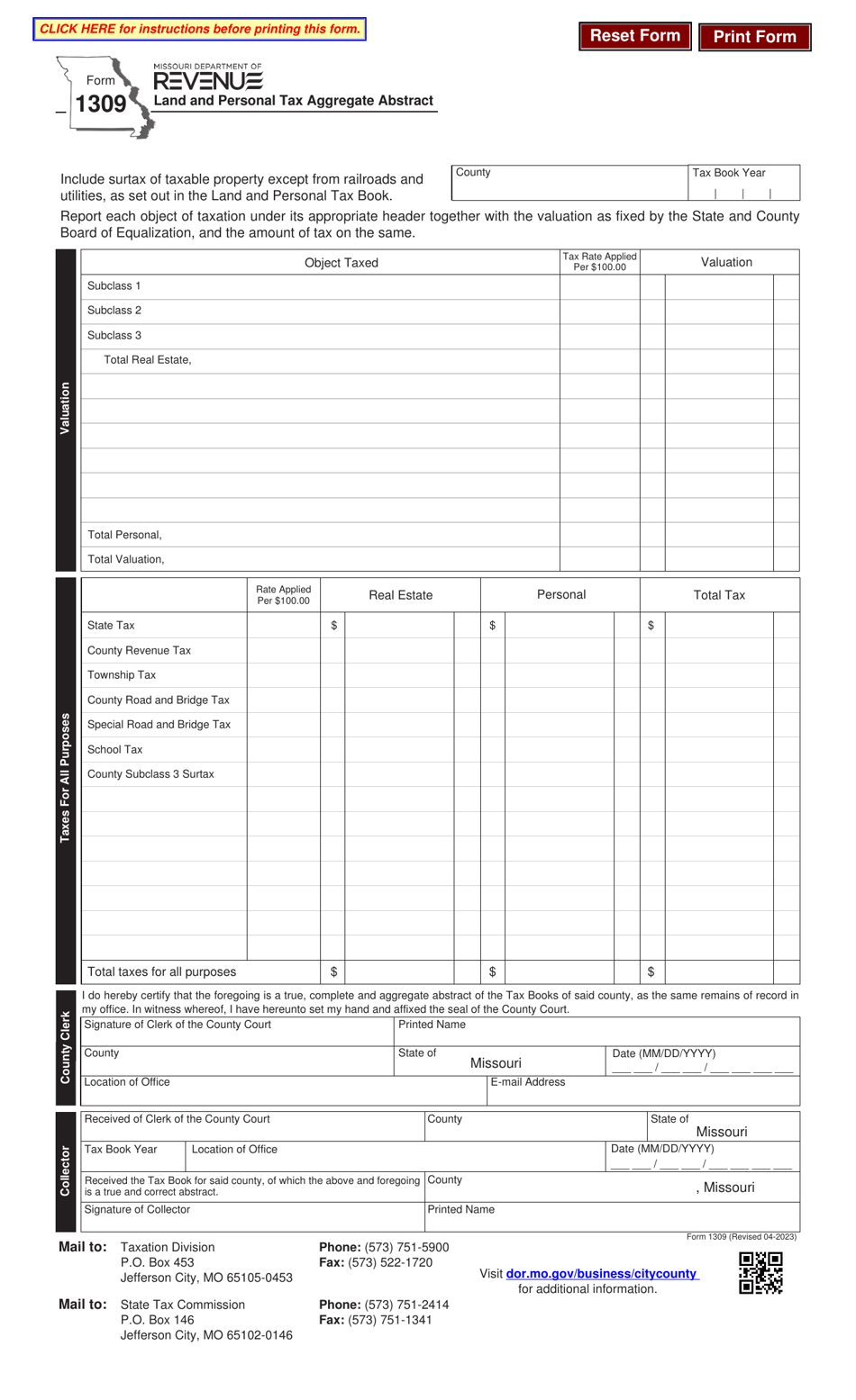 Form 1309 Land and Personal Tax Aggregate Abstract - Missouri, Page 1