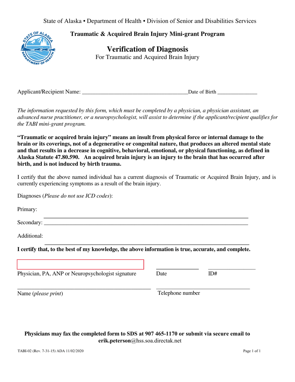 Form TABI-02 Verification of Diagnosis for Traumatic and Acquired Brain Injury - Alaska, Page 1