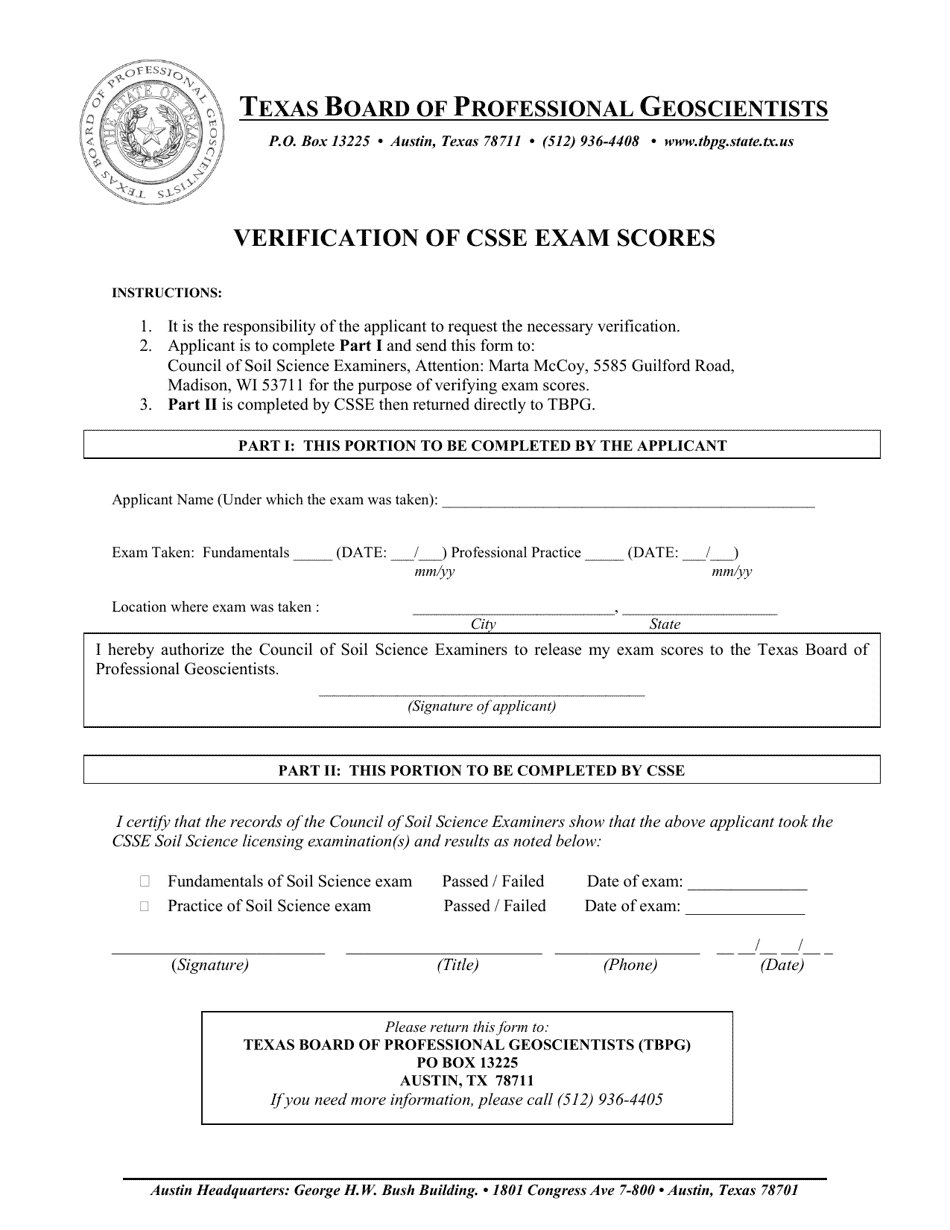 Form V Verification of Csse Exam Scores - Texas, Page 1