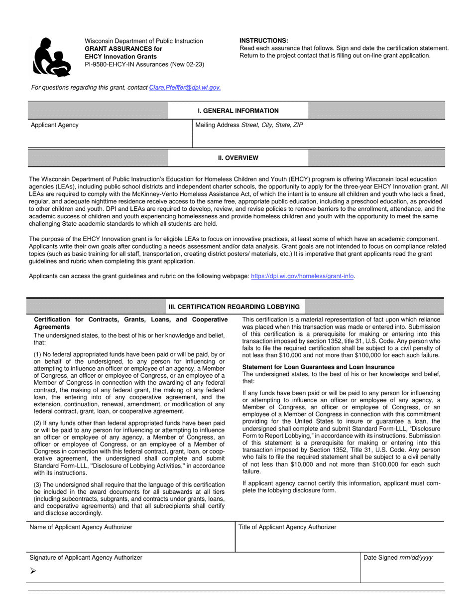 Form PI-9580-EHCY-IN Grant Assurances for Ehcy Innovation Grants - Wisconsin, Page 1