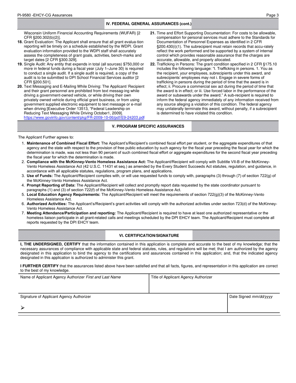 Form PI-9580-EHCY-IN Grant Assurances for Ehcy Innovation Grants - Wisconsin, Page 3
