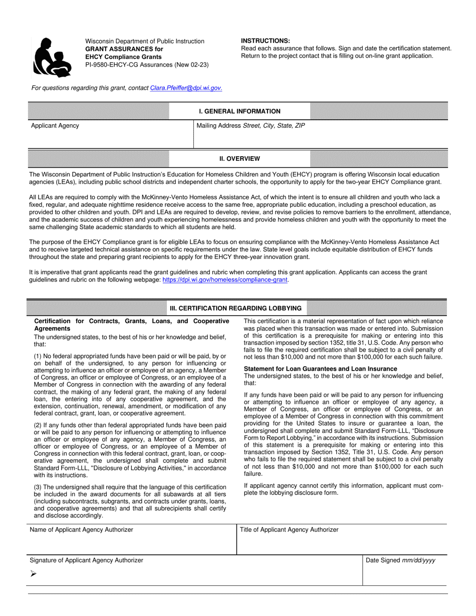 Form PI-9580-EHCY-CG Grant Assurances for Ehcy Compliance Grants - Wisconsin, Page 1