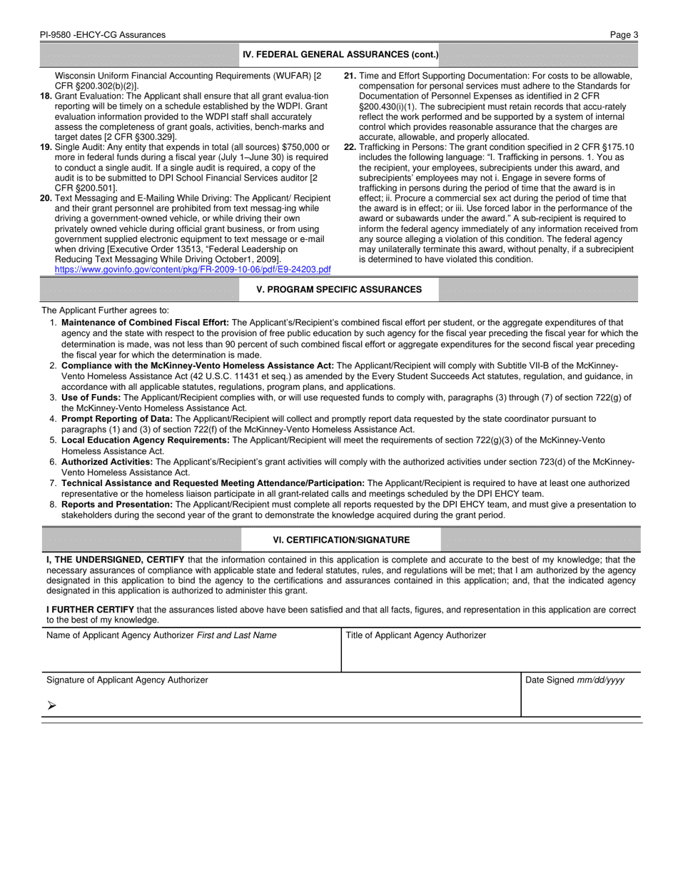 Form PI-9580-EHCY-CG Grant Assurances for Ehcy Compliance Grants - Wisconsin, Page 3