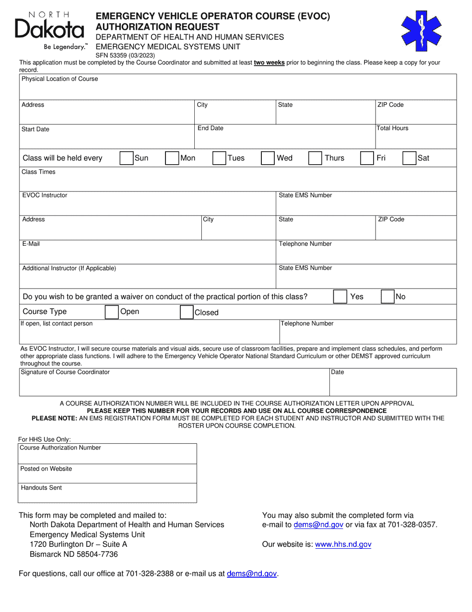Form SFN53359 Emergency Vehicle Operator Course (Evoc) Authorization Request - North Dakota, Page 1