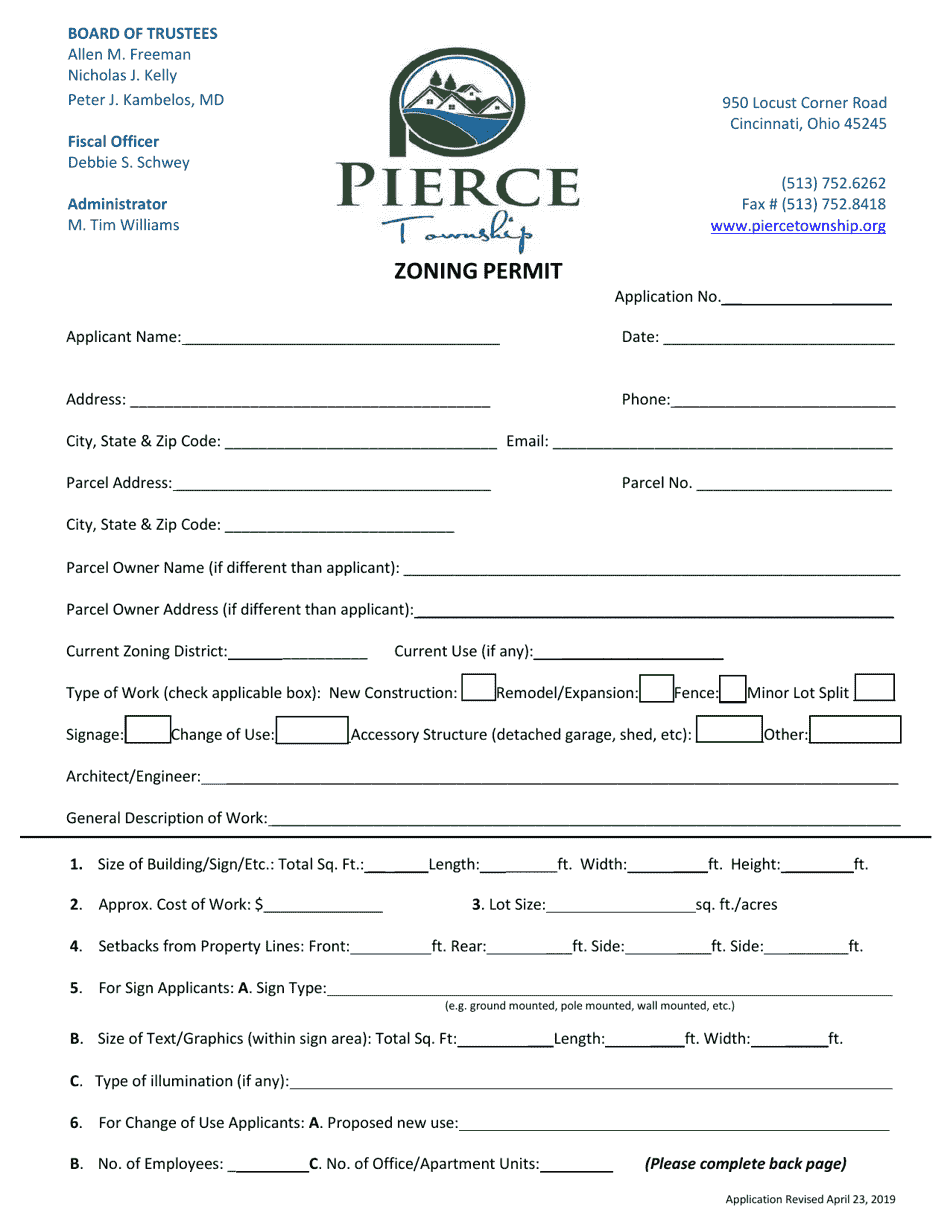Zoning Permit Application - Pierce Township, Ohio, Page 1