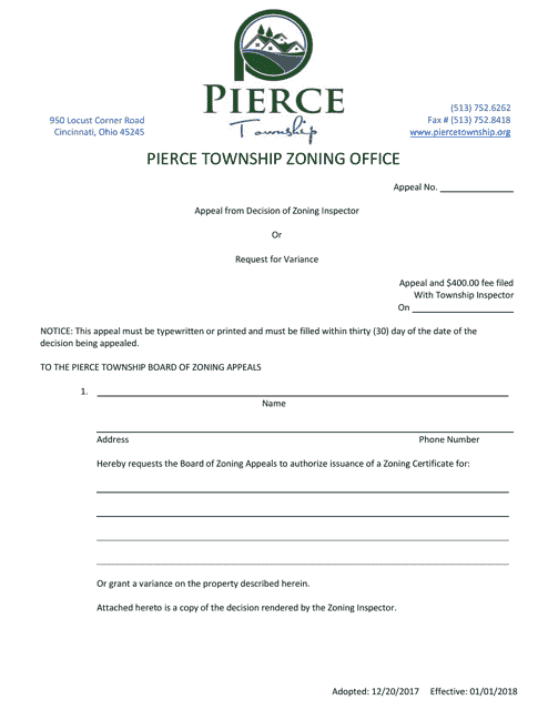 Appeal From Decision of Zoning Inspector or Request for Variance - Pierce Township, Ohio Download Pdf