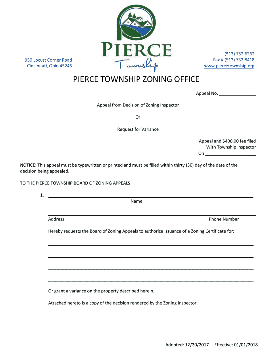 Appeal From Decision of Zoning Inspector or Request for Variance - Pierce Township, Ohio, Page 1