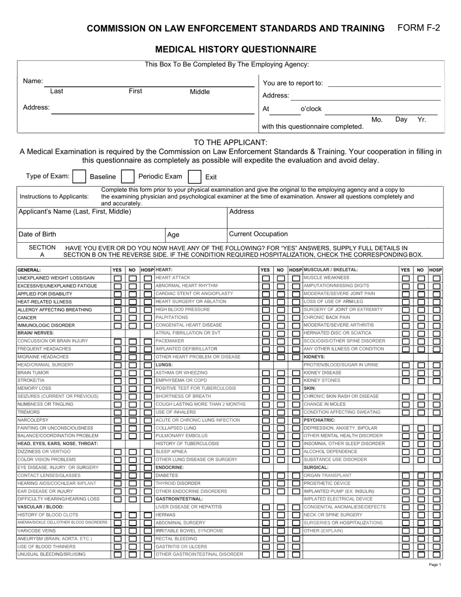 Form F-2 Medical History Questionnaire - Arkansas, Page 1