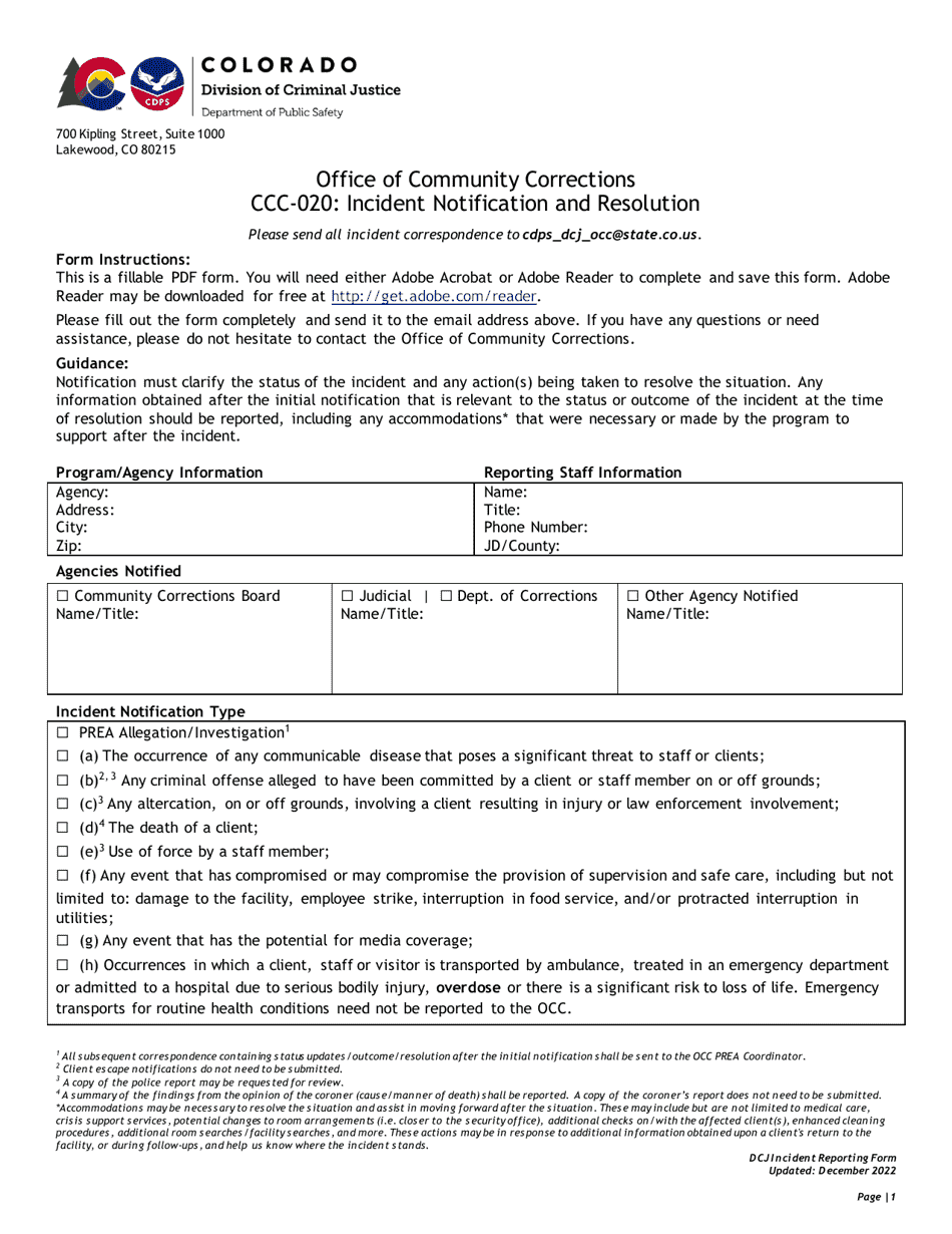 Form CCC-020 Incident Notification and Resolution - Colorado, Page 1