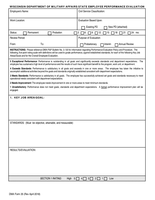 DMA Form 35 Wisconsin Department of Military Affairs State Employee Performance Evaluation - Wisconsin