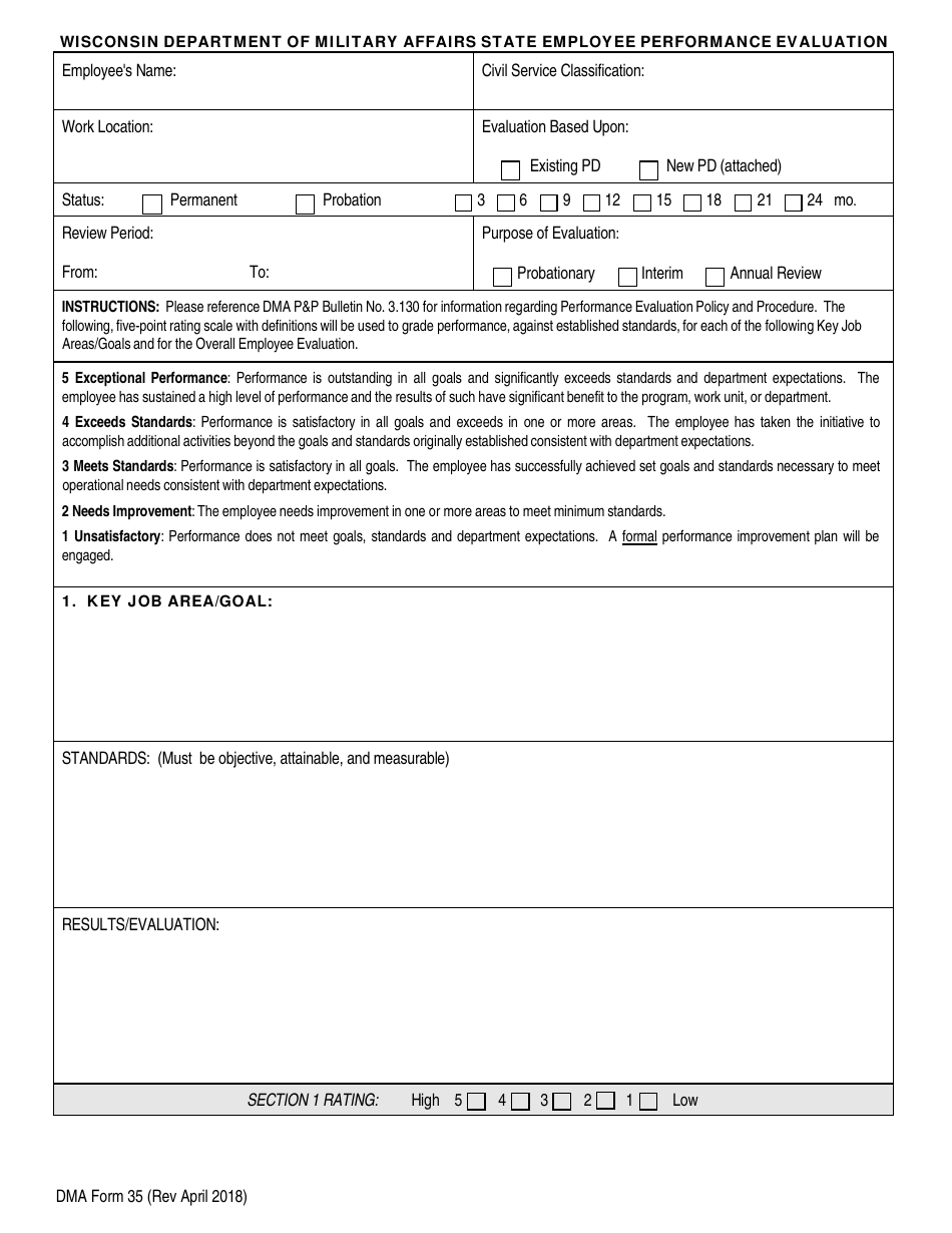 DMA Form 35 Wisconsin Department of Military Affairs State Employee Performance Evaluation - Wisconsin, Page 1