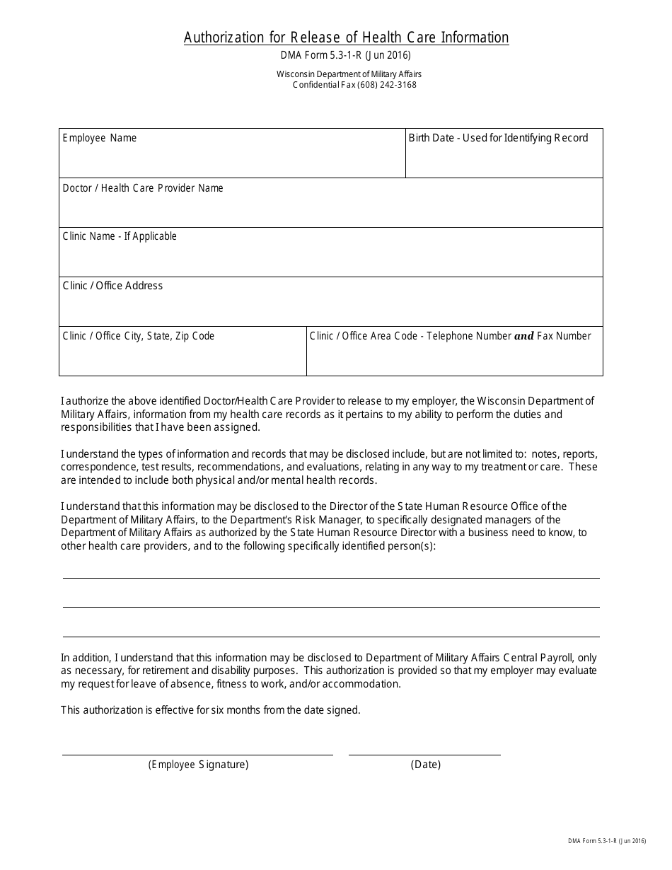DMA Form 5.3-1-R (5.3-2-R) Authorization for Release of Health Care Information - Wisconsin, Page 1