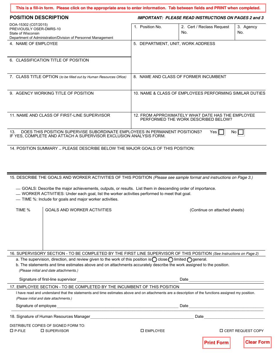 Form DOA-15302 Position Description - Wisconsin, Page 1