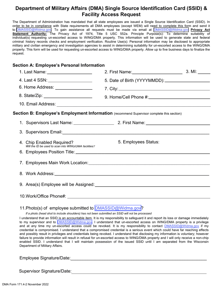 DMA Form 171.4-2 Department of Military Affairs (Dma) Single Source Identification Card (Ssid)  Facility Access Request - Wisconsin, Page 1