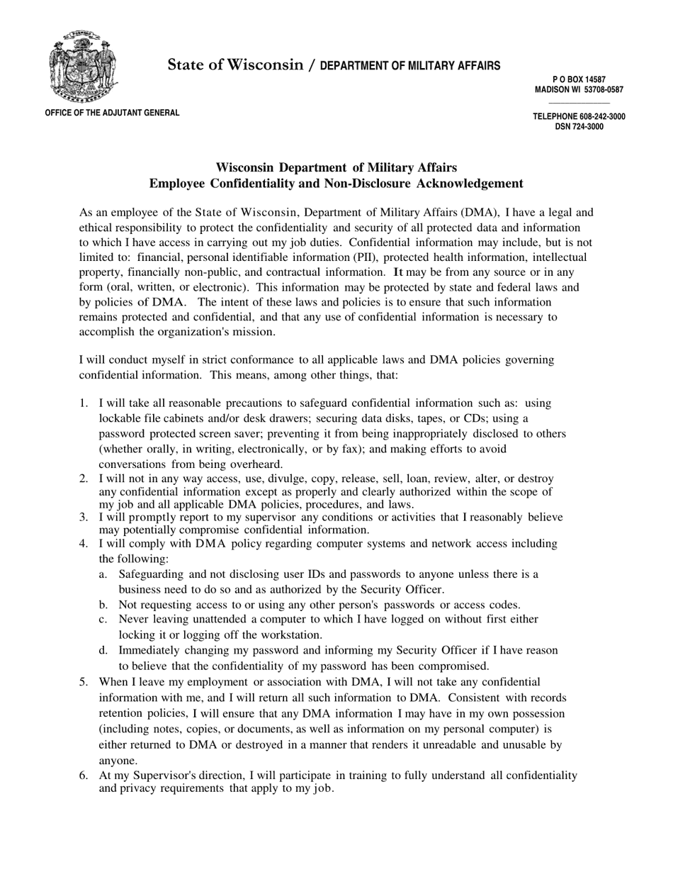 Employee Confidentiality and Non-disclosure Acknowledgement - Wisconsin, Page 1