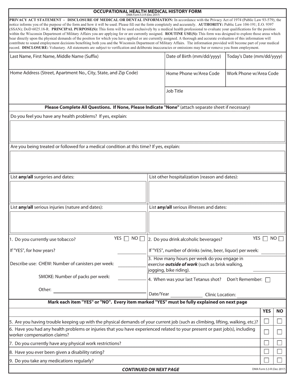 DMA Form 5.3-R Occupational Health Medical History Form - Wisconsin, Page 1