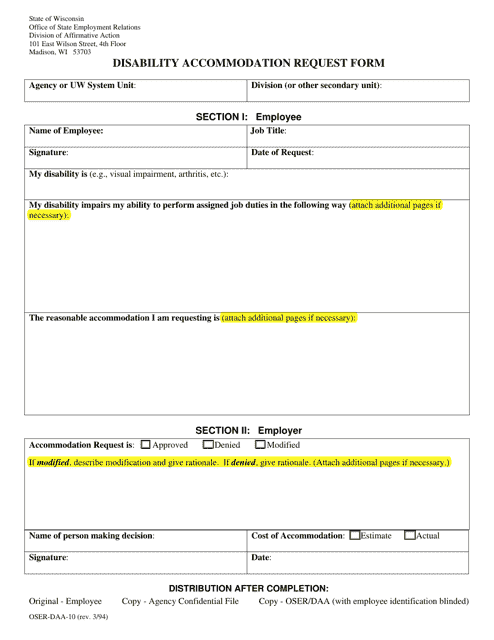 Form OSER-DAA-10 Disability Accommodation Request Form - Wisconsin