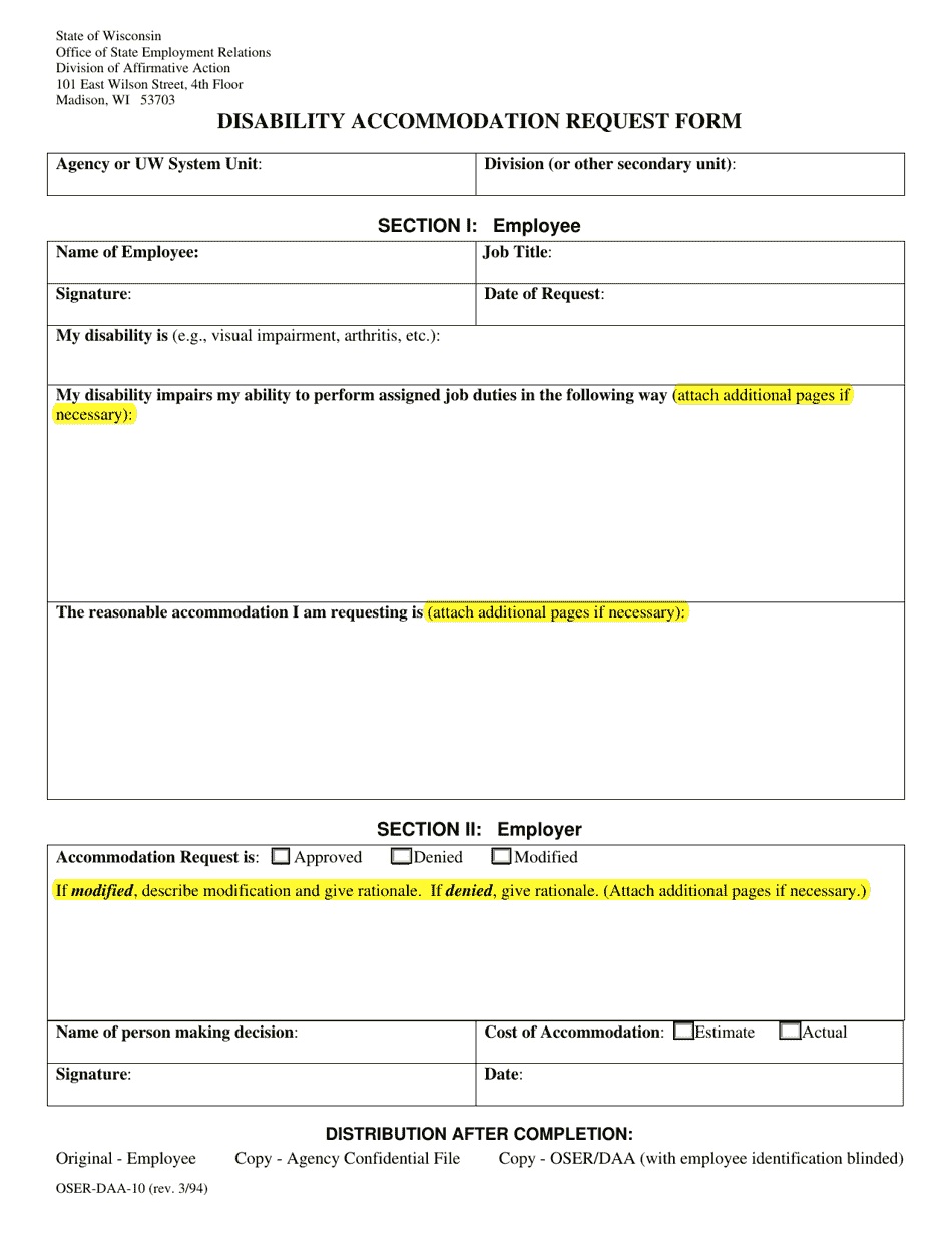 Form OSER-DAA-10 Disability Accommodation Request Form - Wisconsin, Page 1