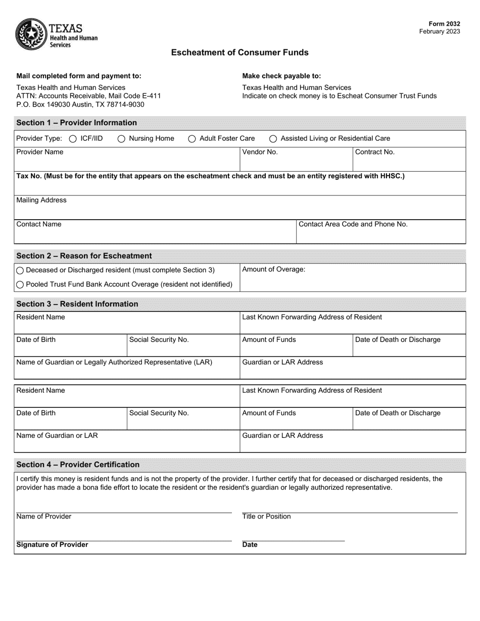 Form 2032 Escheatment of Consumer Funds - Texas, Page 1