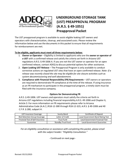 Expedited Eligibility Screening Packet - Underground Storage Tank (Ust) Preapproval Program - Arizona Download Pdf