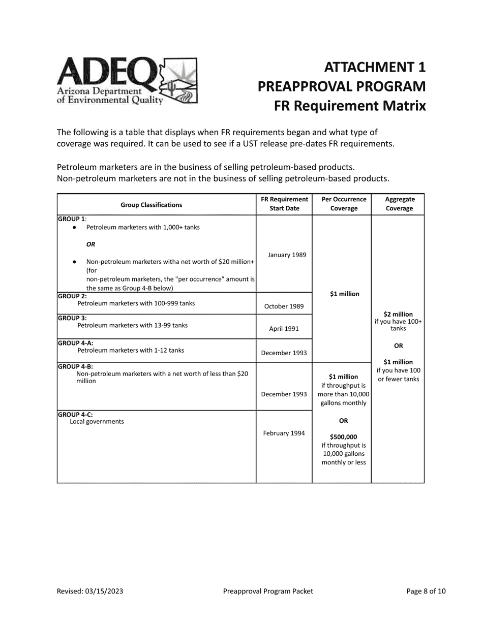 Expedited Eligibility Screening Packet - Underground Storage Tank (Ust) Preapproval Program - Arizona, Page 10
