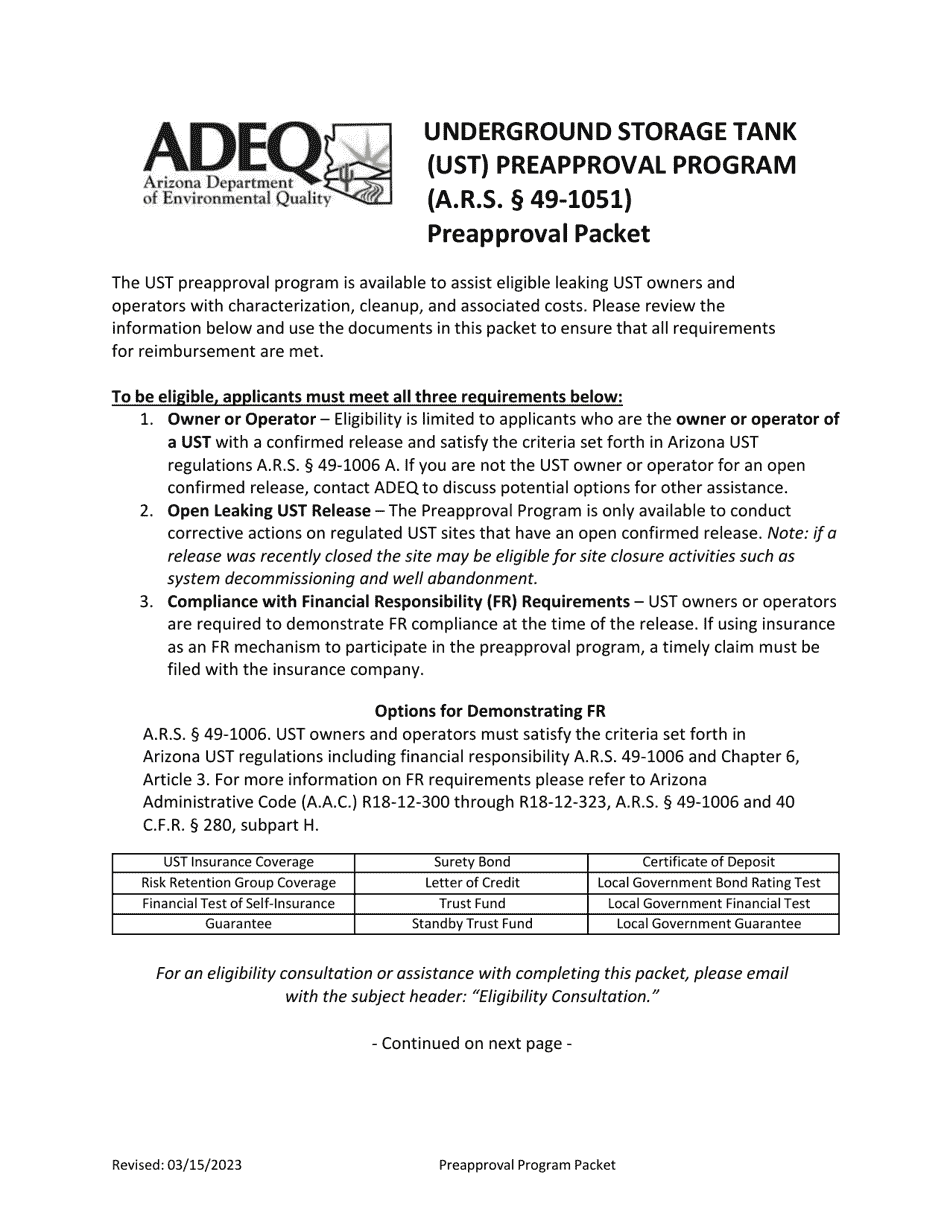 Expedited Eligibility Screening Packet - Underground Storage Tank (Ust) Preapproval Program - Arizona, Page 1