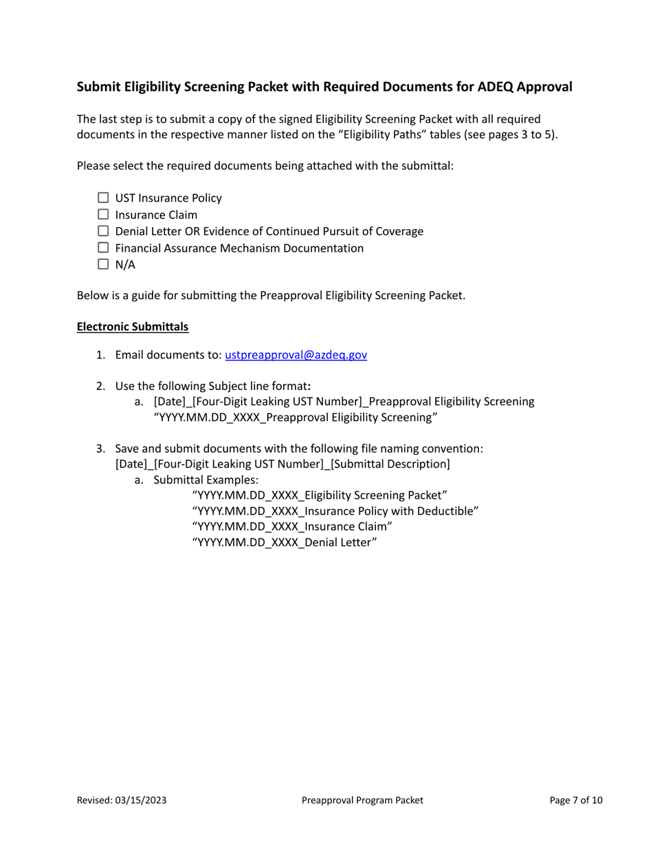 Expedited Eligibility Screening Packet - Underground Storage Tank (Ust) Preapproval Program - Arizona, Page 9