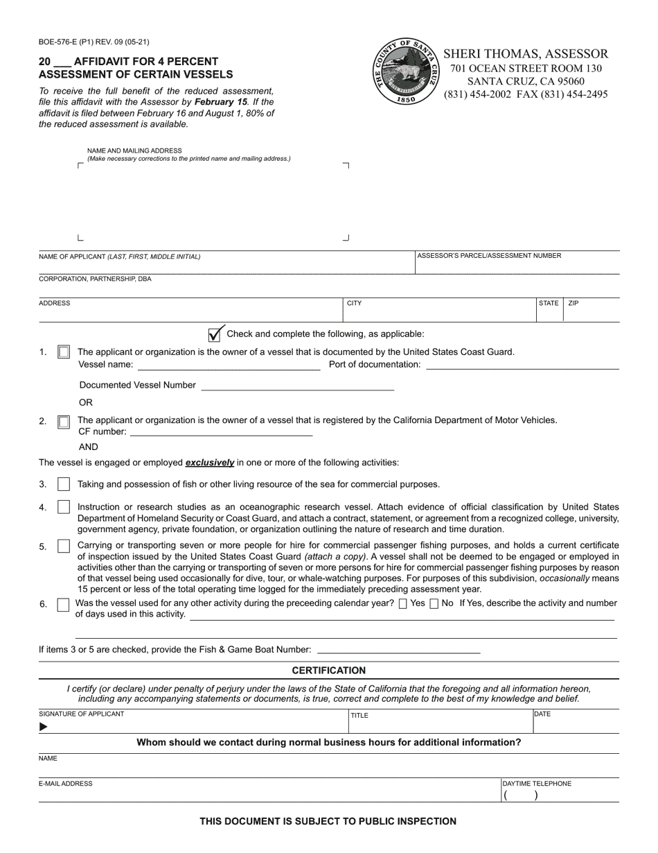 Form BOE-576-E Affidavit for 4 Percent Assessment of Certain Vessels - Santa Cruz County, California, Page 1
