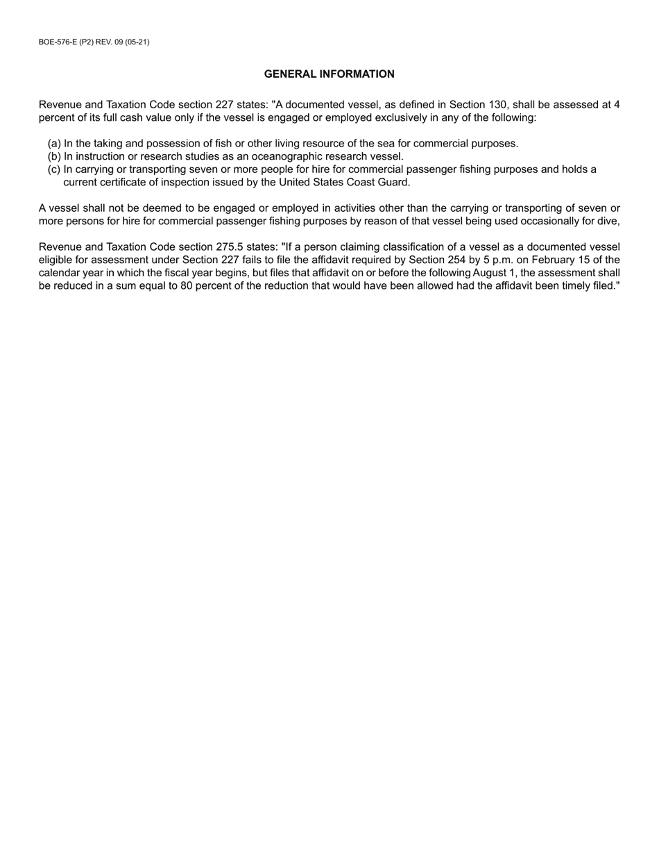 Form BOE-576-E Affidavit for 4 Percent Assessment of Certain Vessels - Santa Cruz County, California, Page 2