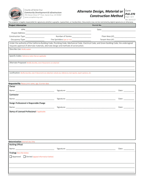 Form PLG-270 Alternate Design, Material or Construction Method - Santa Cruz County, California