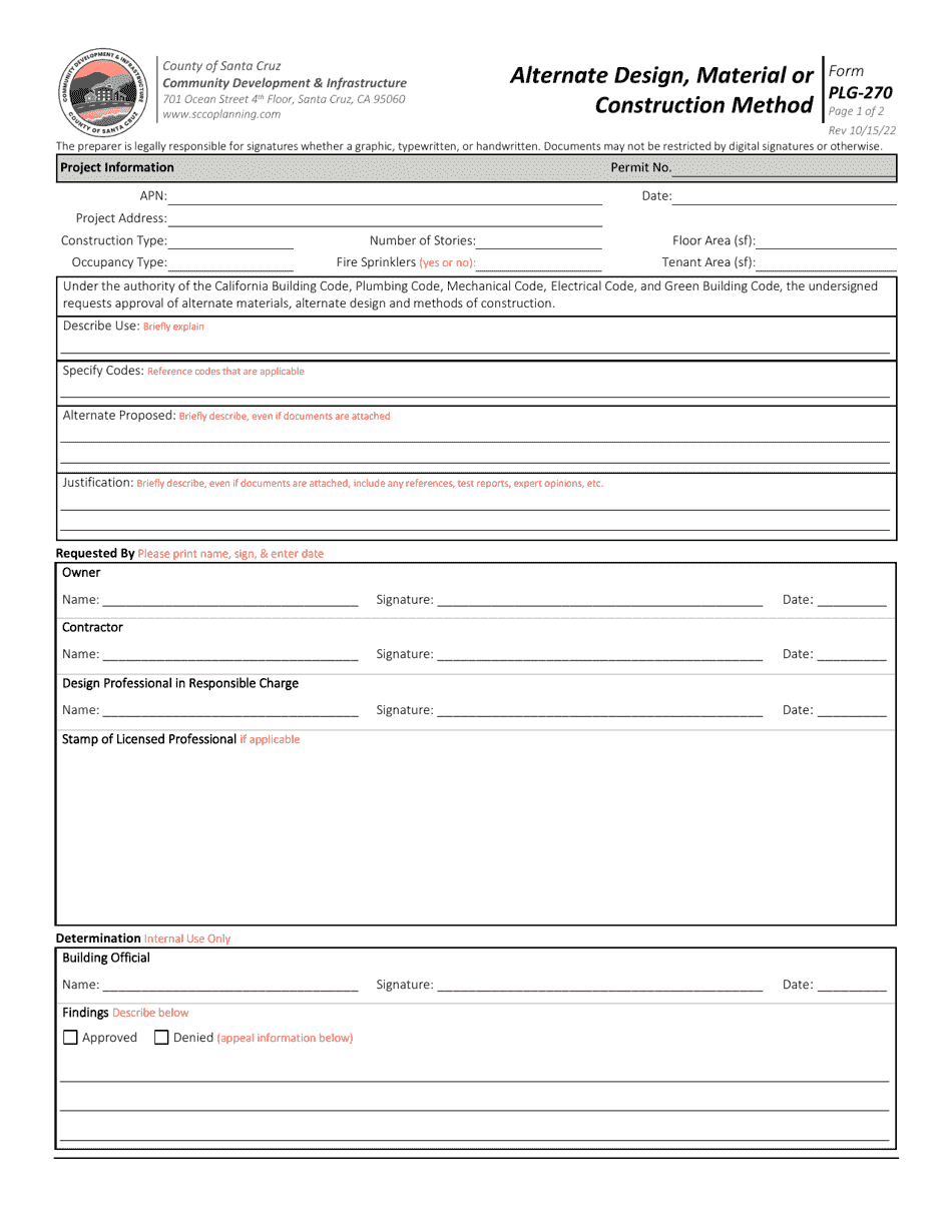 Form PLG-270 Alternate Design, Material or Construction Method - Santa Cruz County, California, Page 1