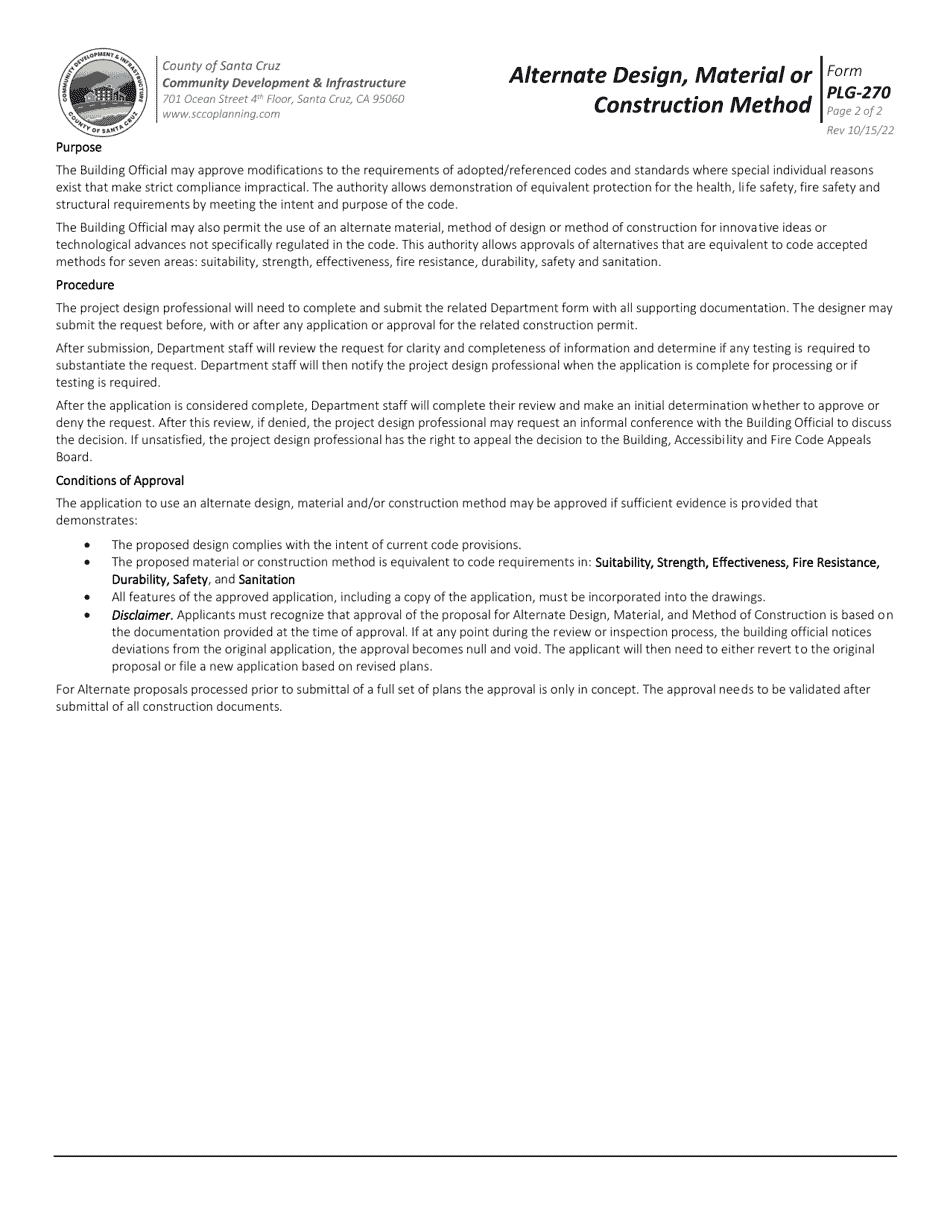 Form PLG-270 Alternate Design, Material or Construction Method - Santa Cruz County, California, Page 2
