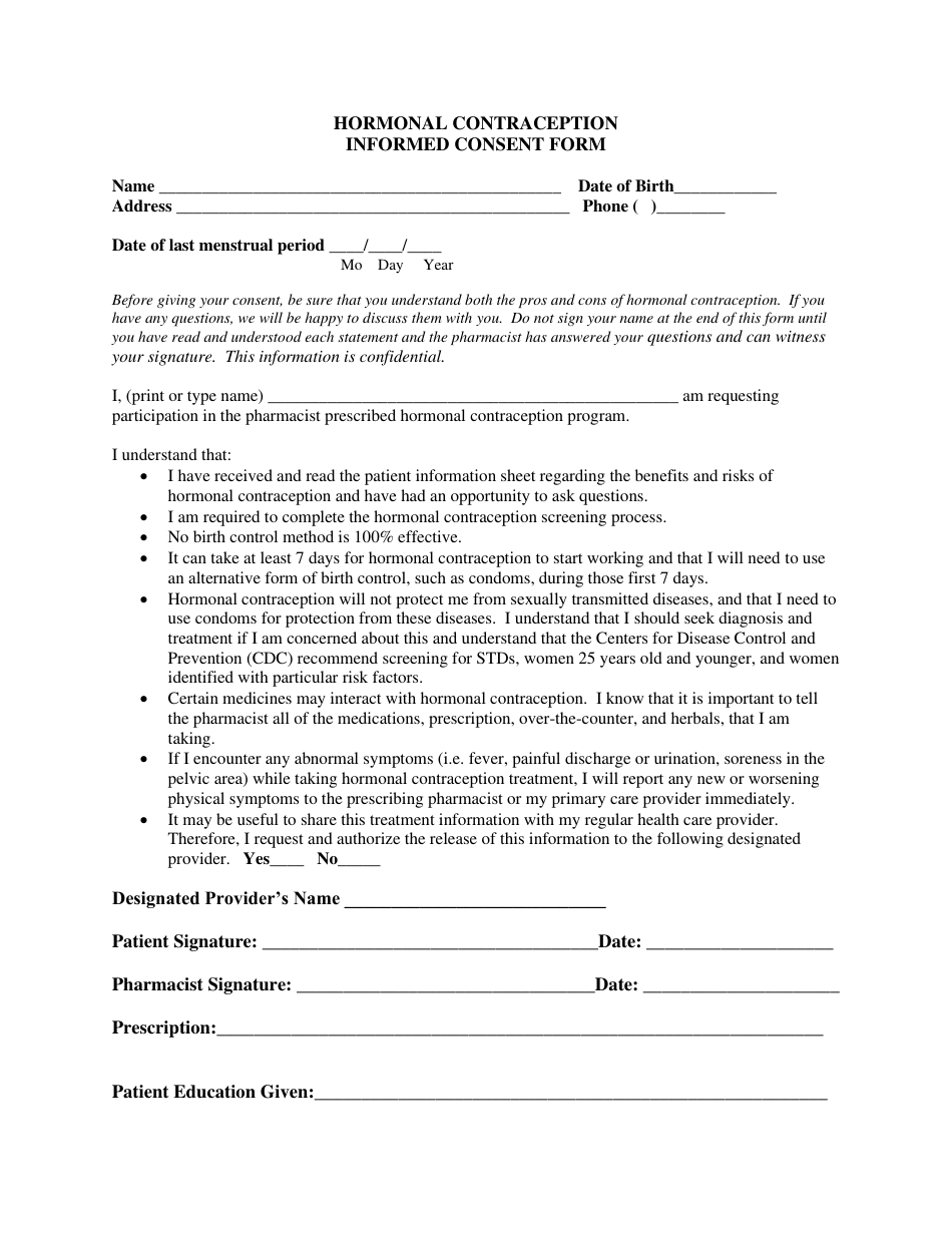 Hormonal Contraception Informed Consent Form - New Mexico, Page 1