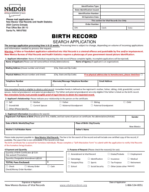 Birth Record Search Application - New Mexico Download Pdf