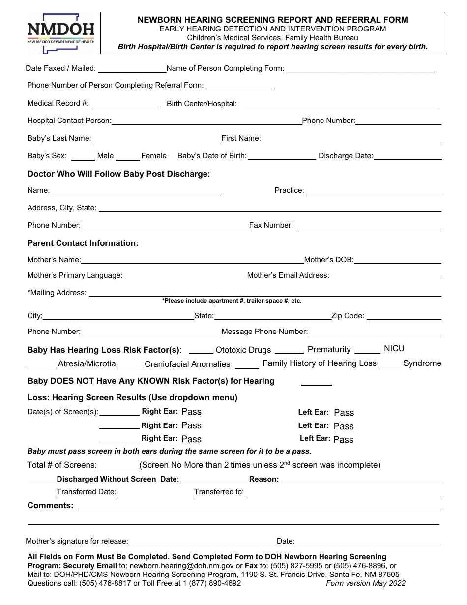 Newborn Hearing Screening Report and Referral Form - Early Hearing Detection and Intervention Program - New Mexico, Page 1