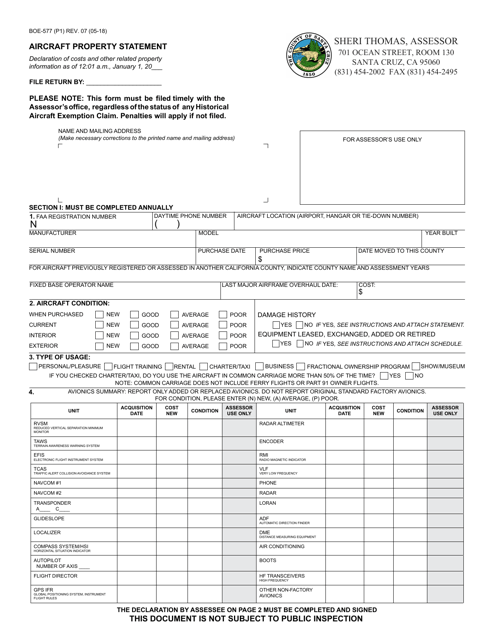 Form BOE-577 Aircraft Property Statement - Santa Cruz County, California