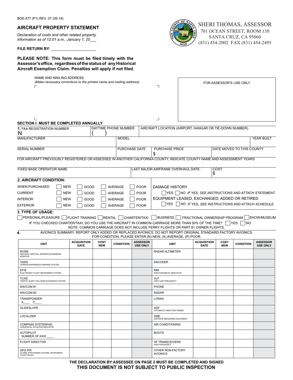 Form BOE-577 Aircraft Property Statement - Santa Cruz County, California, Page 1